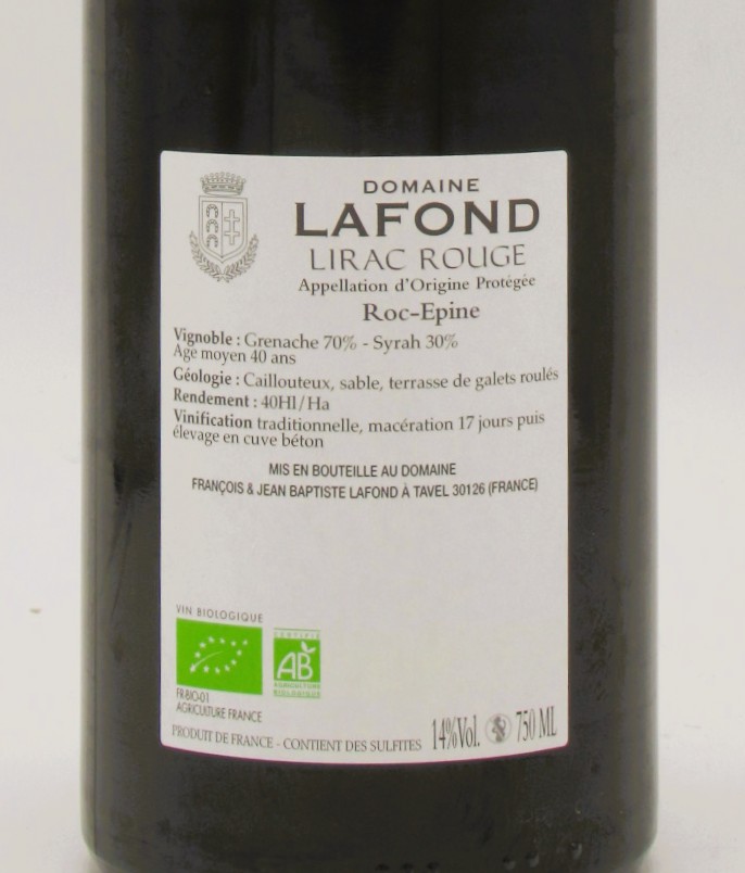 Lirac rouge bio Domaine Lafond Roc Epine 2023