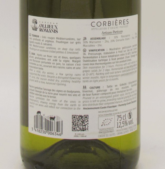 Corbières Blanc Bio Racine Chateau Ollieux Romanis 2024