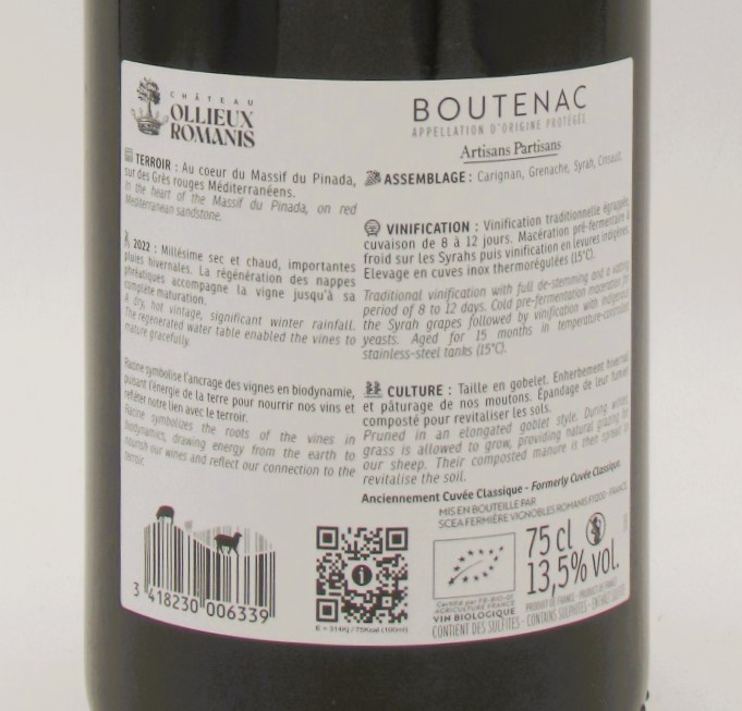 Corbières Rouge Bio Racine Chateau Ollieux Romanis 2022