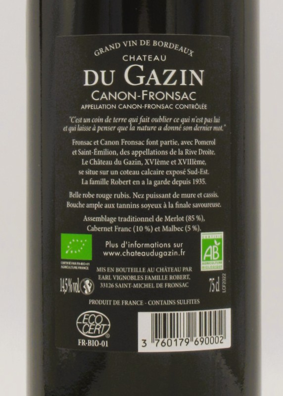 Canon Fronsac bio Chateau du Gazin 2022