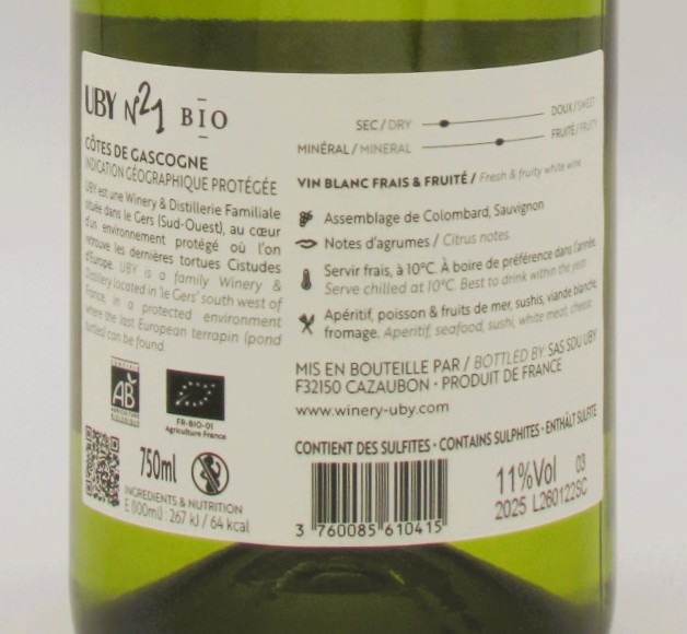 Côtes De Gascogne Blanc Sec Bio N°21 Domaine Uby 2025