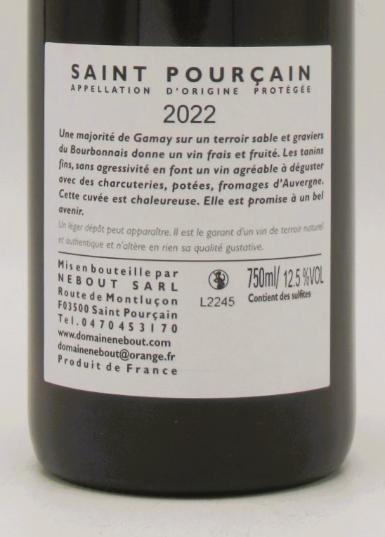 Saint Pourcain Rouge bio Tradition Domaine Nebout 2022