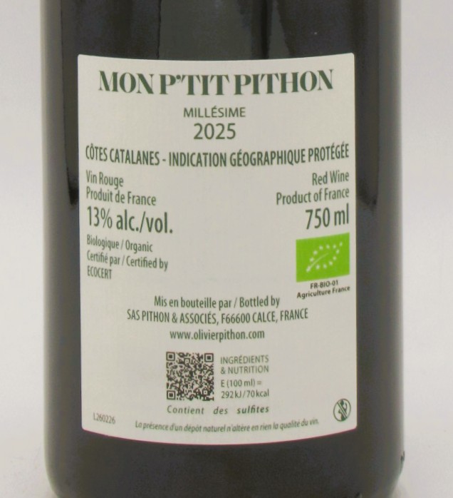 IGP Côtes Catalanes bio rouge Mon P’tit Pithon 2025