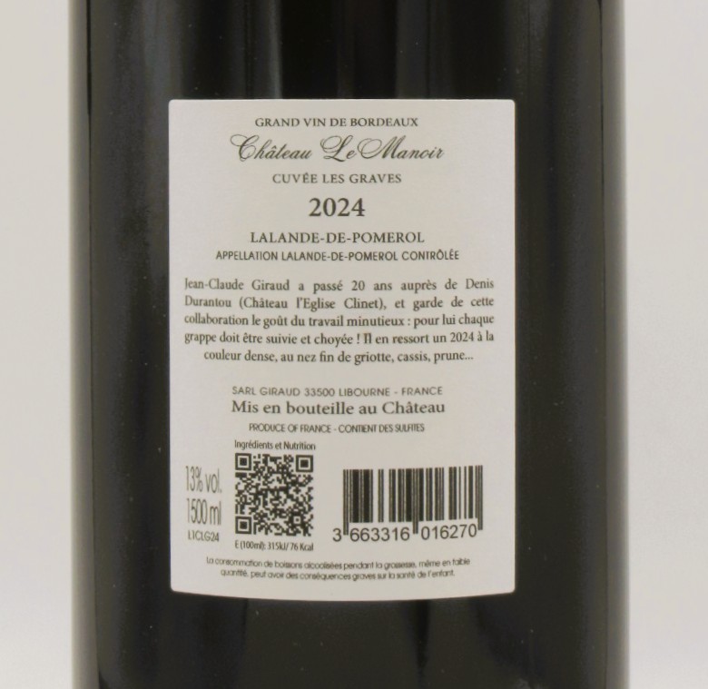 Lalande de Pomerol Château Le Manoir- Cuvée les Graves 2024 Magnum