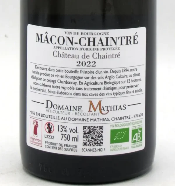 Macon Chaintre Bio Blanc Chateau de Chaintre Domaine Mathias 2022