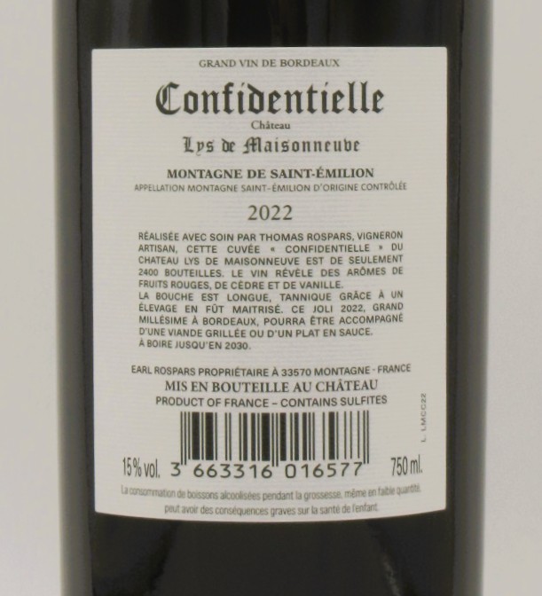 Montagne St Emilion Confidentielle Chateau Lys de Maisonneuve 2022