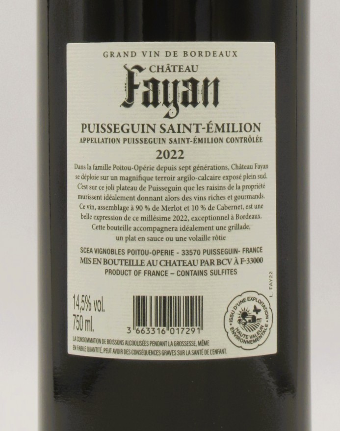 Puisseguin Saint Emilion Chateau Fayan 2022
