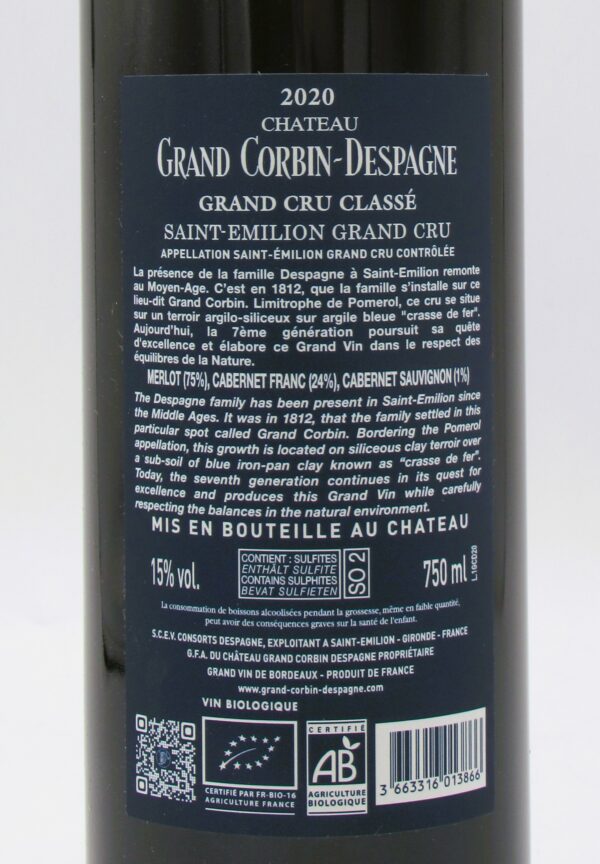 Saint Emilion Grand Cru Classé Chateau Grand Corbin Despagne 2020