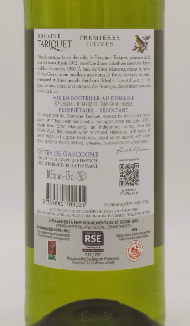 IGP Cotes de Gascogne Les Premières Grives Domaine Tariquet 2024