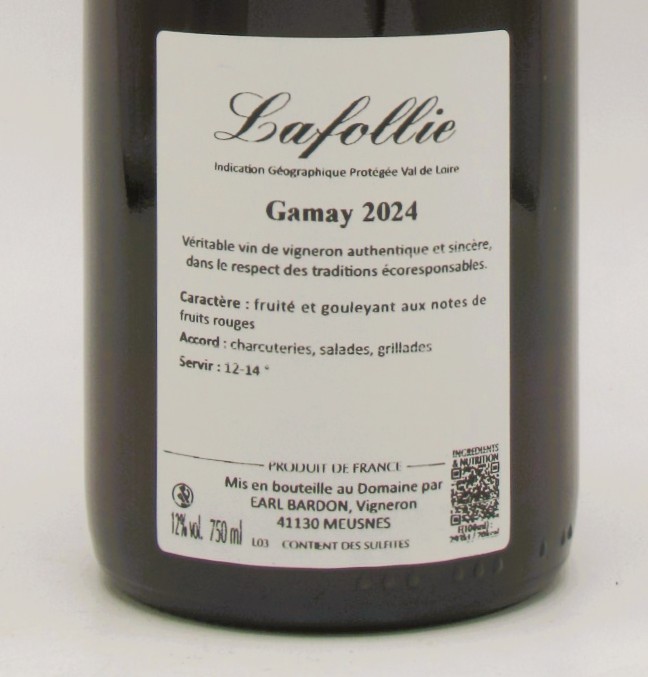 IGP Val de Loire Gamay Lafollie Vignoble Denis Bardon 2024