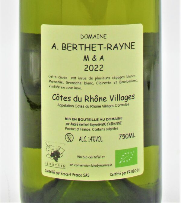 Cotes du Rhône Village Blanc Bio M&A Domaine Berthet-Rayne 2022
