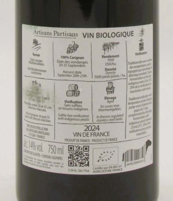 Vin de France bio La vie en Vert 100% Carignan Chateau Ollieux Romanis 2024